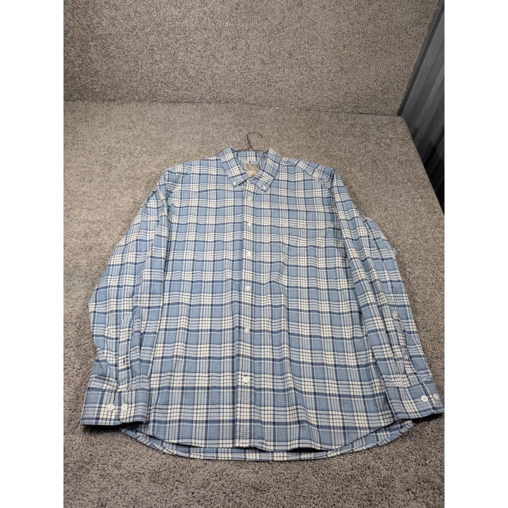 LL Bean‎ Mens XL Traditional Fit Plaid Button Down Shirt Blue White Stretch